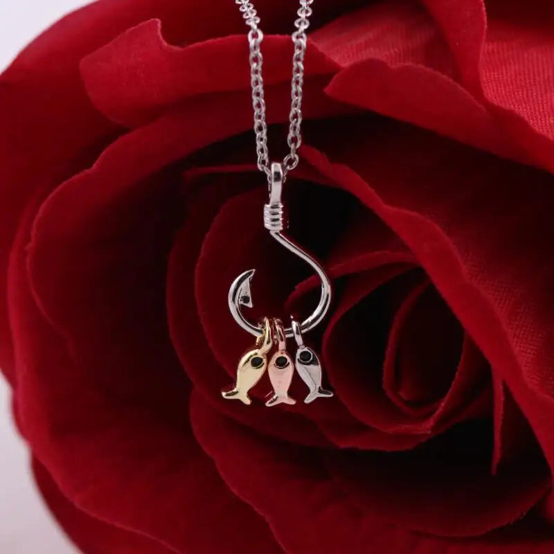 ANENJERY Silver Color Cute Three Small Fish Pendant Necklace With Fish Hook Charms Jewelry For Best Friend Gift