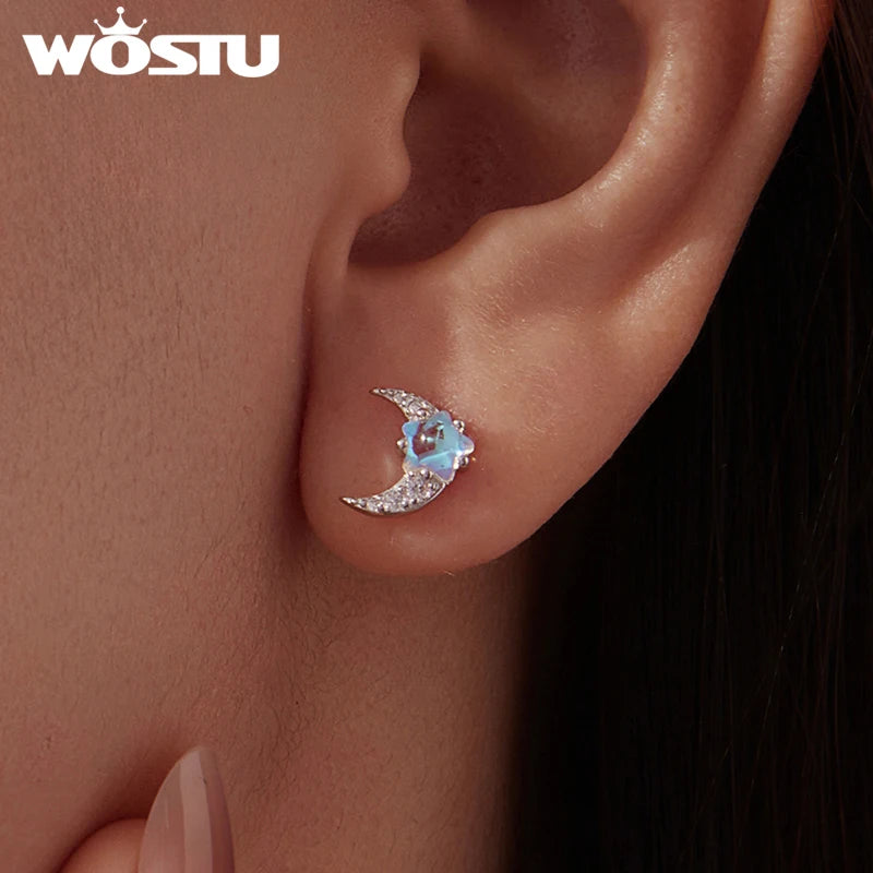 WOSTU 925 Sterling Silver Star and Moon Stud Earrings For Women, Cute Rainbow Moonstone Zircon Studs Party Daily Jewelry Gift