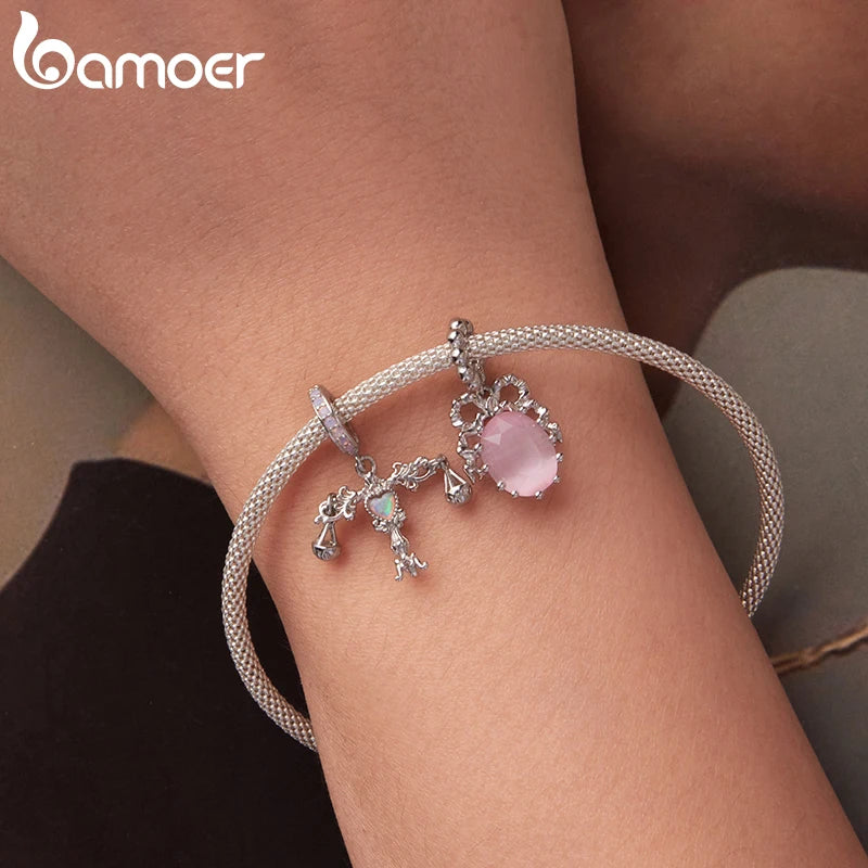 BAMOER 925 Silver Pink Party Series Pendant Transparent Bow Beads for Women Sweet Girl DIY Birthday Gift Jewelry Accessories