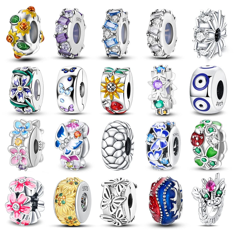 Charms 925 Silver Butterfly Flowers Colorful Zircon Silicone Spacer Beads Fit Pandach 925 Original Bracelets Fine DIY Jewelry
