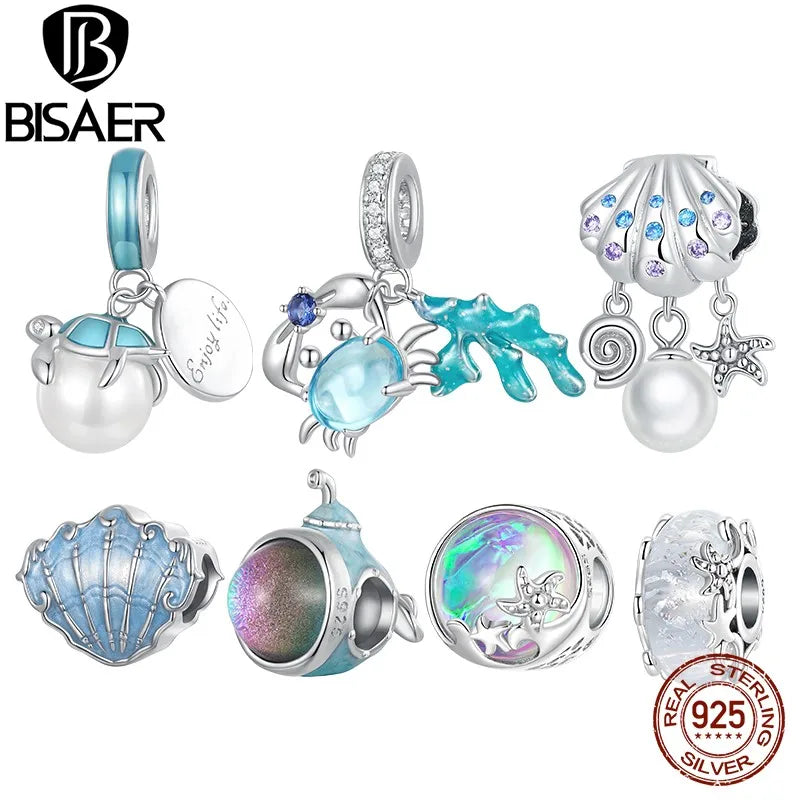 BISAER Real 925 Sterling Silver Bule Turtle Crab Charm Bead Sea Shells Pendant For Women DIY Bracelet & Necklace Holiday Gifts