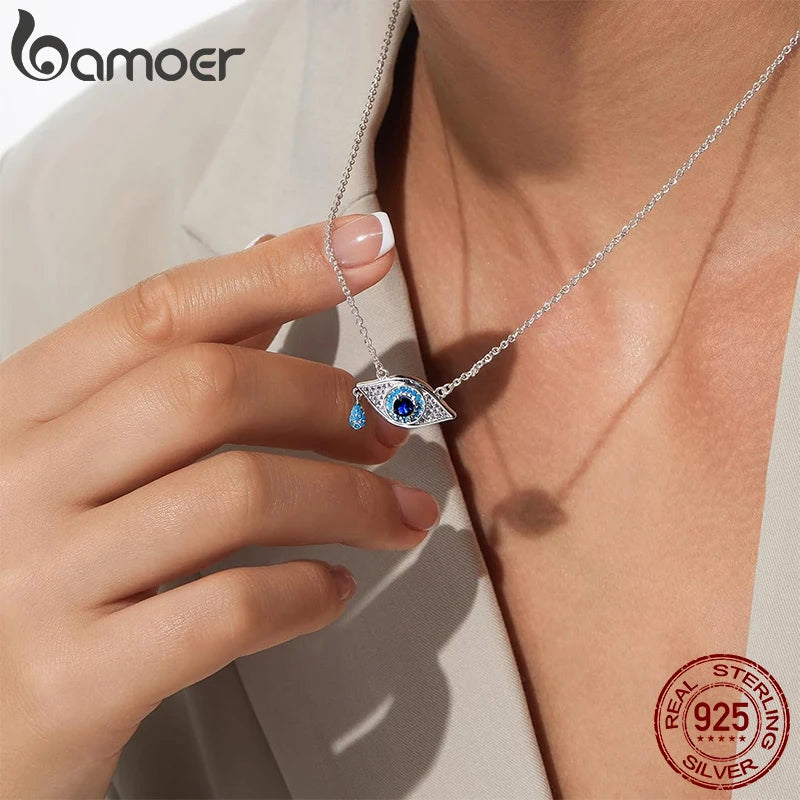BAMOER 925 Sterling Silver Blue Devil's Eye Necklace Teardrop Bead Pendant Necklace for Women Lucky Guard Jewelry Gift