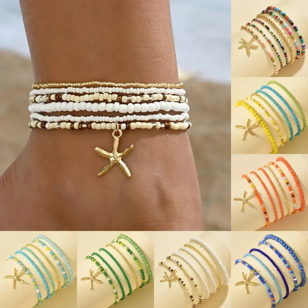 6pcs Set Charm Summer Beach Acrylic Round Ball Beaded Starfish Anklet for Women Multilayer Foot Jewelry Holiday Accessory Gift - Madeinsea©