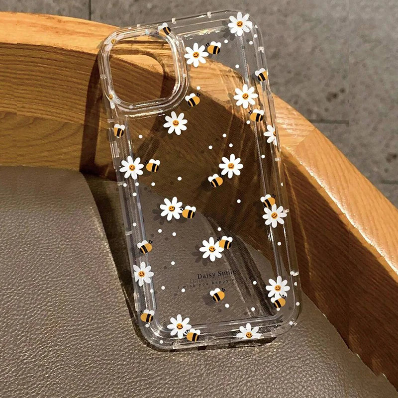 For iPhone 17 16 15 14 Plus 16E 13 12 Pro Max 7 8 Plus 17 Air Case Summer Floral Flowers Honey Bee Print Clear Phone Cases Cover