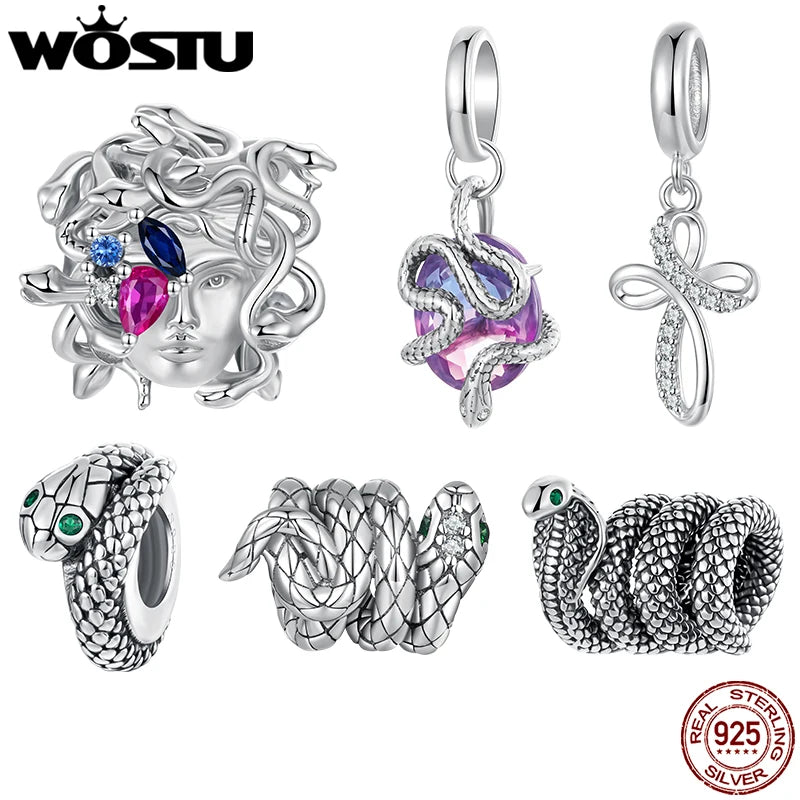 WOSTU 925 Sterling Silver Medusa Head Charm Snake Beads Rainbow Crystal Pendant for Bracelet Making Unique DIY Gift