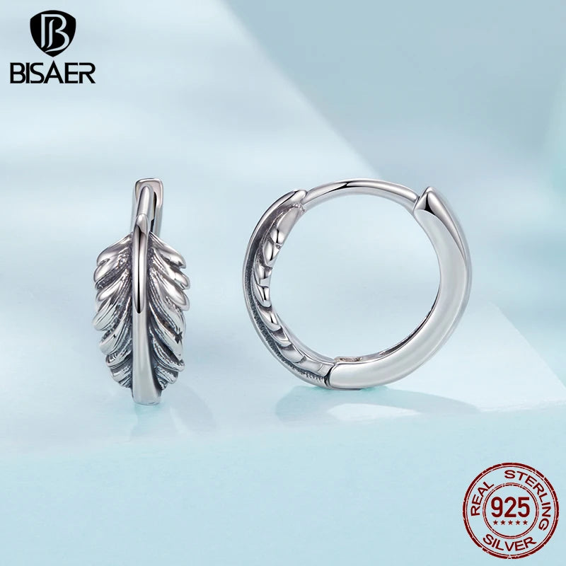 BISAER Real 925 Sterling Silver Retro Leaves Hoop Earrings Classic Hypoallergenic Earrings for Women & Girls Party Fine Jewelry