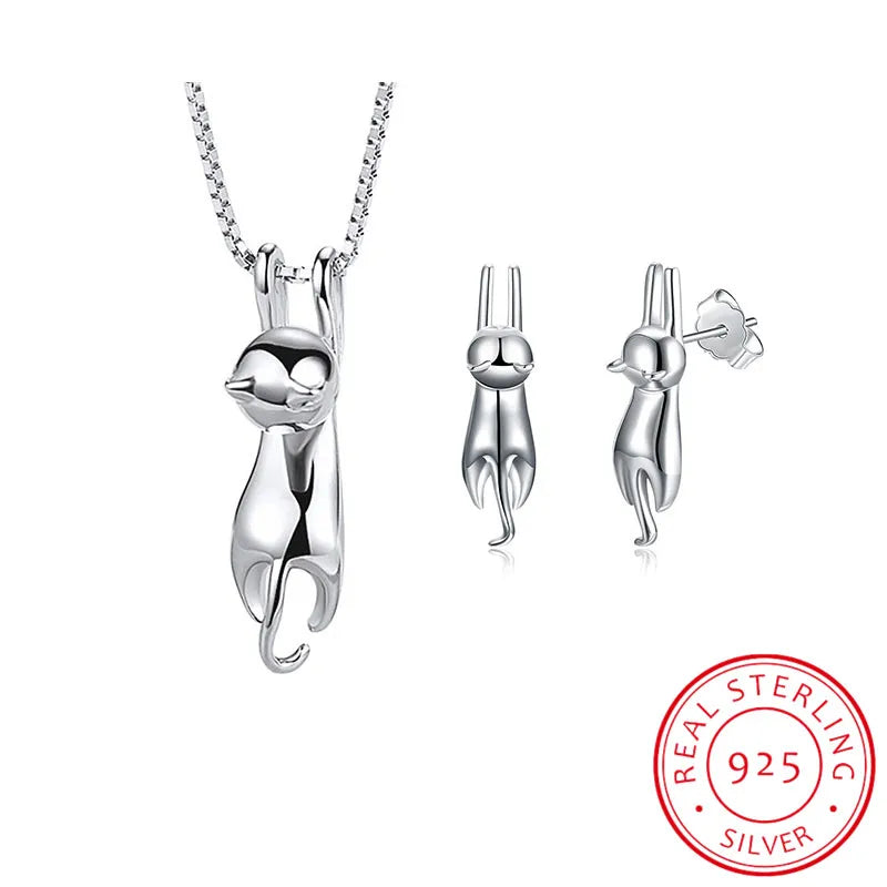 S925 Stamp 925 Sterling Silver Jewelry Sets Lovely Animal Cat Necklace+Earrings joyas de plata For Women Girl Gift