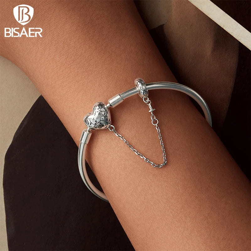 BISAER 925 Sterling Silver Heart Bracelet Dainty Starry Basic Bracelet Plated White Gold for Women DIY Charm Bead Fine Jewelry