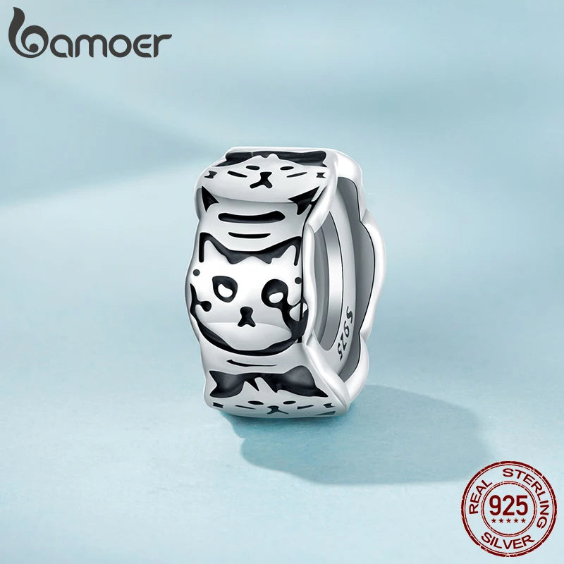 BAMOER Solid 925 Sterling Silver Cat Spacer Charm fit Original Bracelet DIY Jewelry Accessories bamoer Beads SCC3041