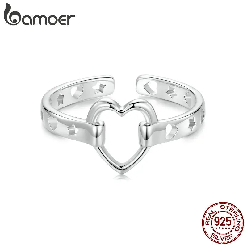 BAMOER 925 Sterling Silber Schlichter Liebesherz-Fingerring für Teenager-Mädchen mit Weißgoldbeschichtung SCR1062-E