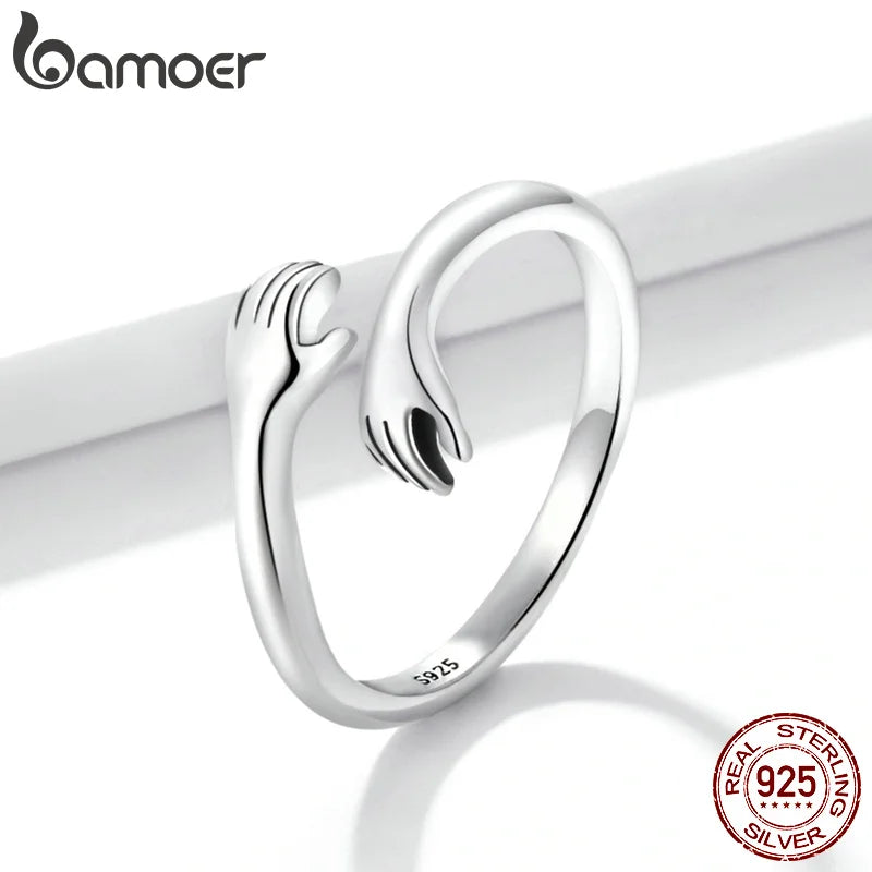 BAMOER 925 Sterling Silber Umarmung Wärme und Liebe Hand verstellbarer Ring für Frauen Partyschmuck, Sein großer liebevoller Umarmungsring 3 Farben