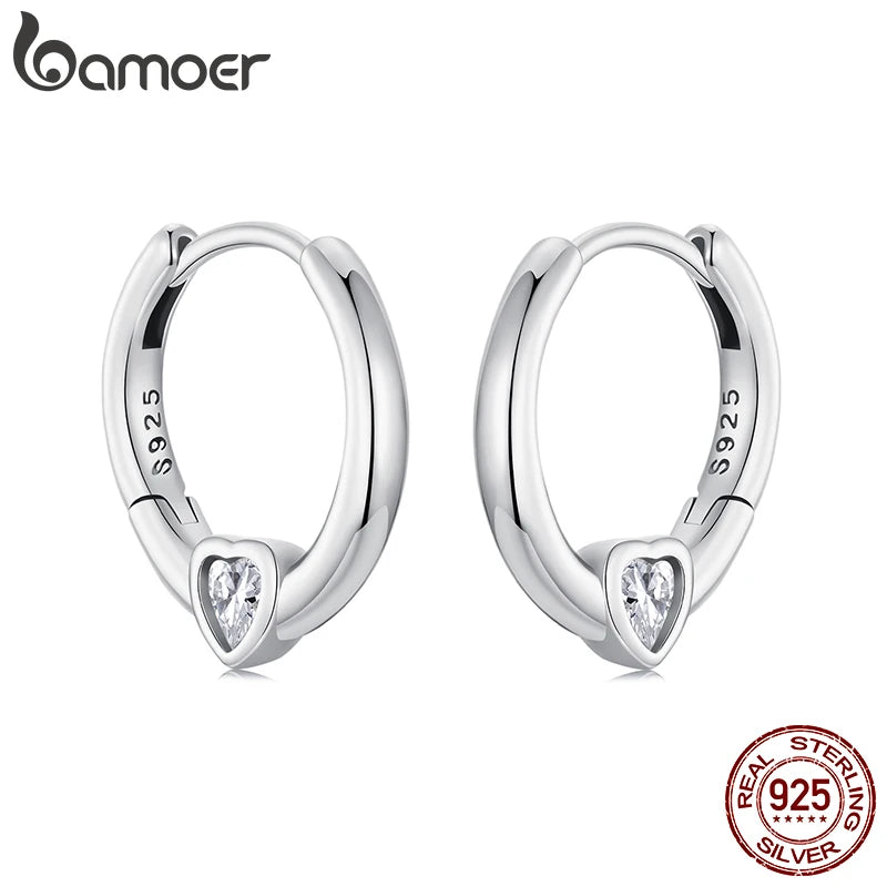 BAMOER 925 Sterling Silver Heart Hoop Earrings Silver Tiny Heart Huggie Earrings for Women SCE1848