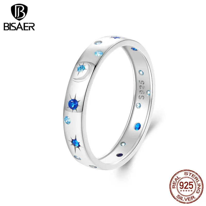 BISAER Bague étoile et lune 100 % argent sterling 925 avec zircon bleu plaqué or blanc pour femme, bijoux fins de fête, cadeau
