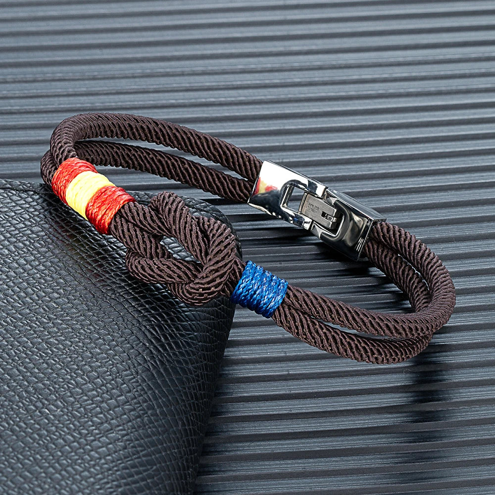 MKENDN Fashion Men Women Spain Flag Double Strand Nautical Rope Bracelet Stainless Steel Buckle Lucky Patriotic Couple Gifts