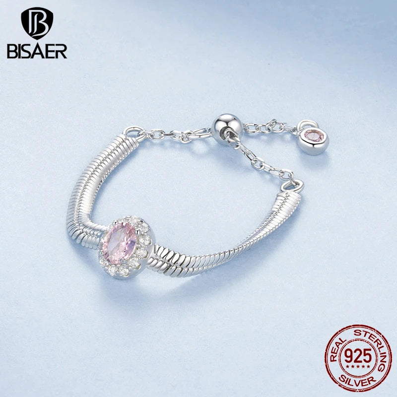 BISAER Bague en argent sterling 925 100 % délicate avec chaîne serpent réglable taille 5-9 en zircon rose pour femme et fille