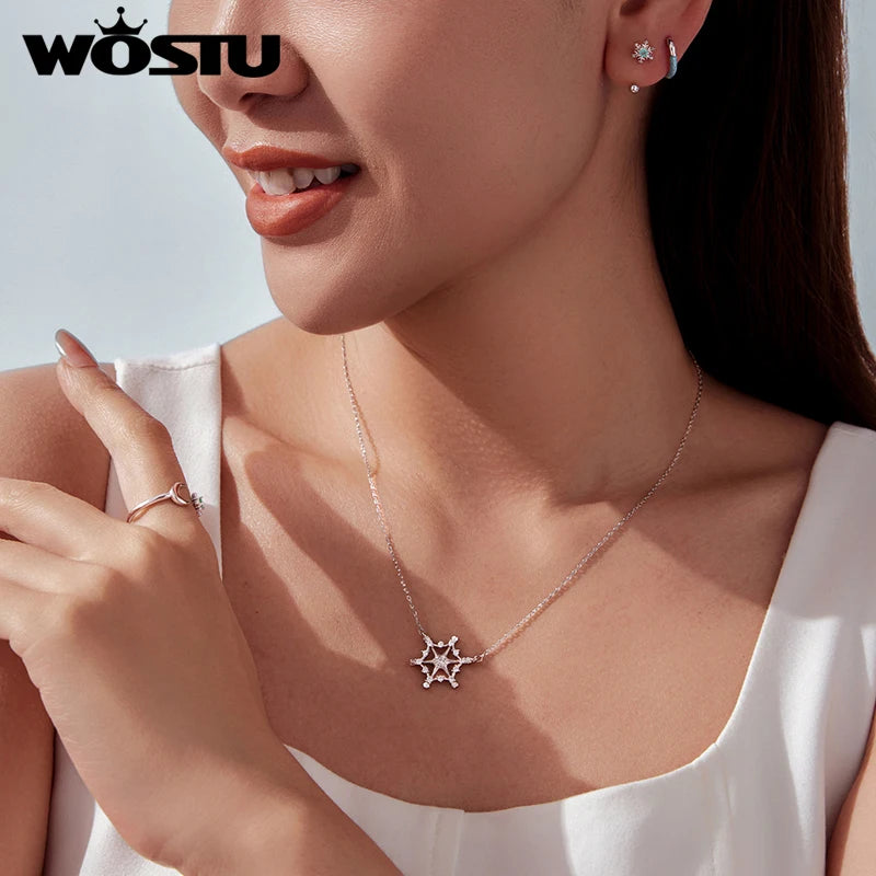 WOSTU Christmas Real 925 Sterling Silver Snowflake Pendant Necklace with Clear Cubic Zirconia New Year Holiday Jewelry Gift