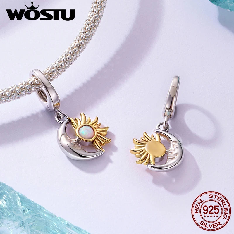 WOSTU 925 Sterling Silver Sun and Moon Charm Pendant White Gold Original Fit for Women Bracelets DIY Birthday Daily Fine Jewelry