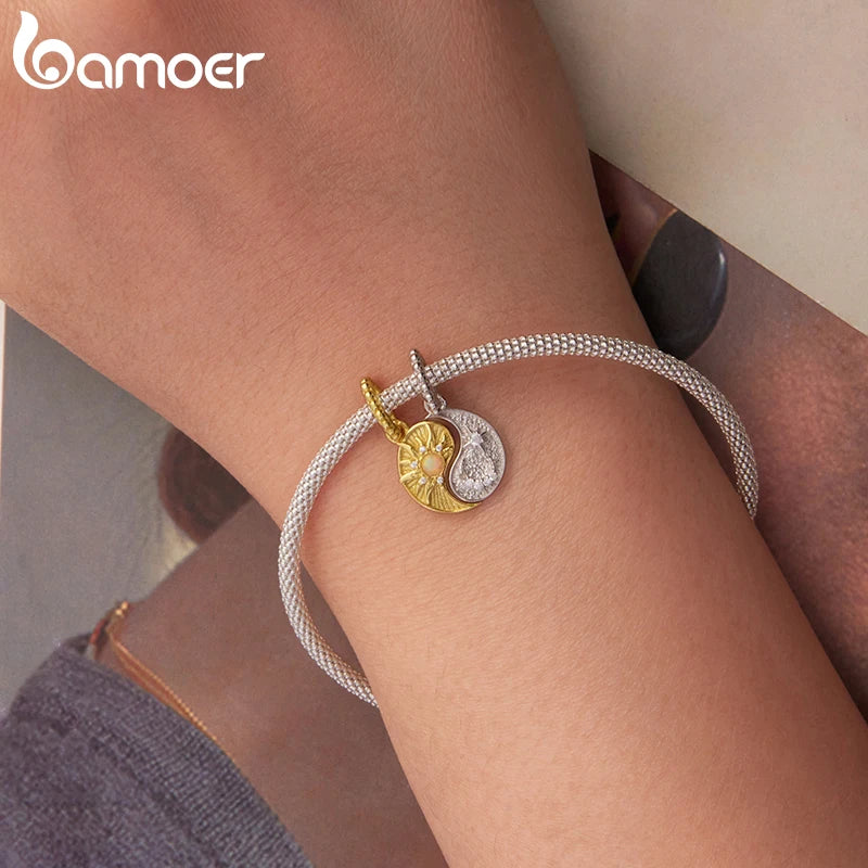 BAMOER 925 Sterling Silber Zweifarbiger Anhänger mit abnehmbaren Taiji-Bagua-Perlen für Damen Halskette DIY Schutzschmuck Accessoires