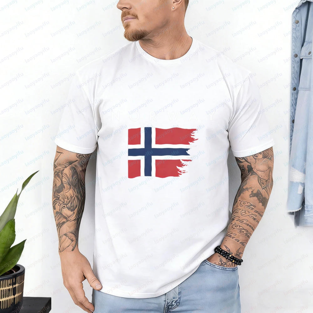 Vintage Norwegian Flag Distressed Print Tshirt Norway Lover Tops Vintage Classic Fashion Patriotic Simple Clothes for Women Men