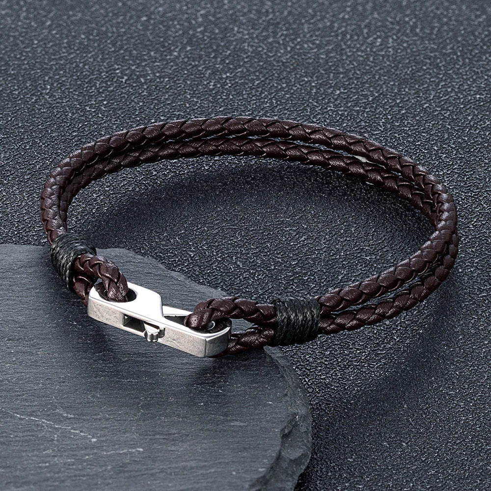 MKENDN 3MM Genuine Leather 316L Square Buckle Bracelet for Men Mature Stable Elegant Design Personalized Perfect Gift for Men