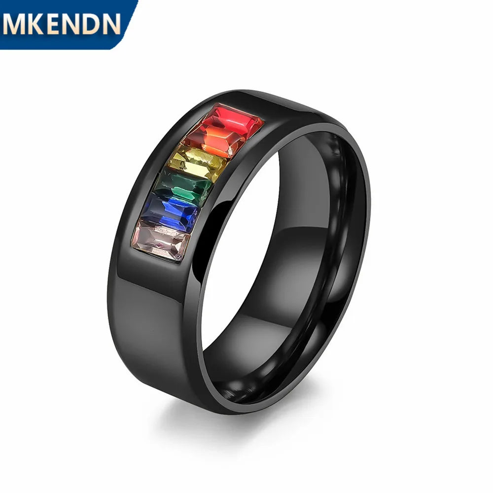MKENDN Fashion Rainbow Pride Ring Women Men Gay Lesbian LGBT Stainless Steel Friendship Party Finger Jewelry