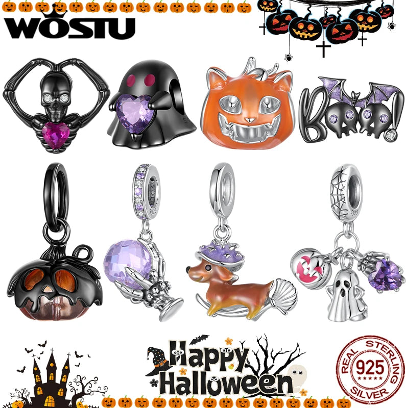WOSTU 925 Sterling Silver Halloween Charm Skull/Pumpkin/Magic/Ghost Pendant Original Fit for Women Bracelet DIY Fine Jewelry