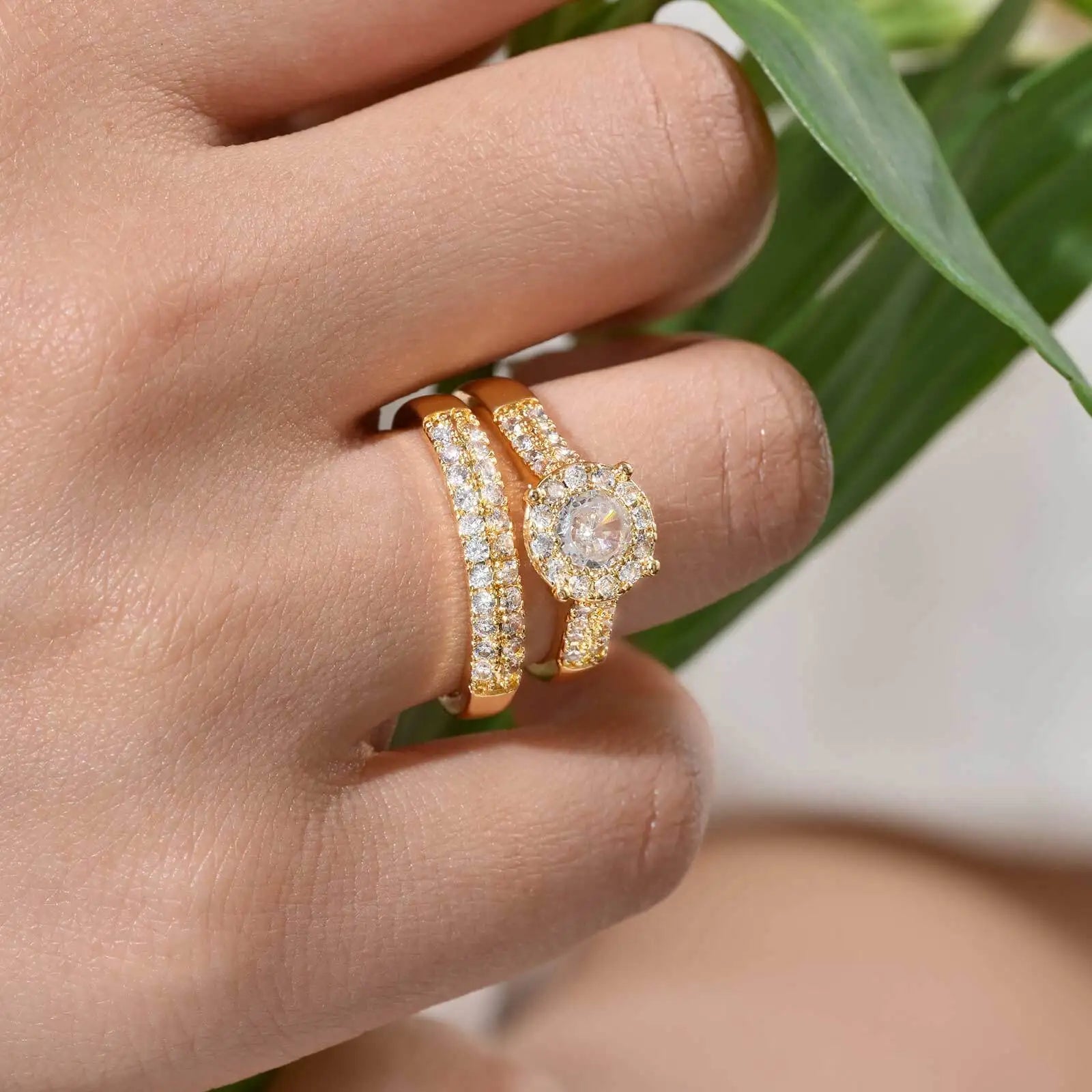 Vnox Lightweight Gold Silver Color 2 Piece Rings Set,Cubic Zirconia Inlaid Circle Rings For Women Girls,Female Jewelry Wedding