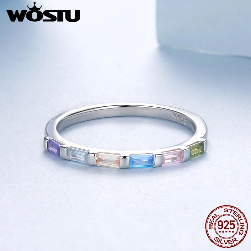 WOSTU 925 Sterling Silver Rainbow Single Ring White Gold CZ Colorful Lively Original for Women Girl Birthday Fine Jewelry Gift