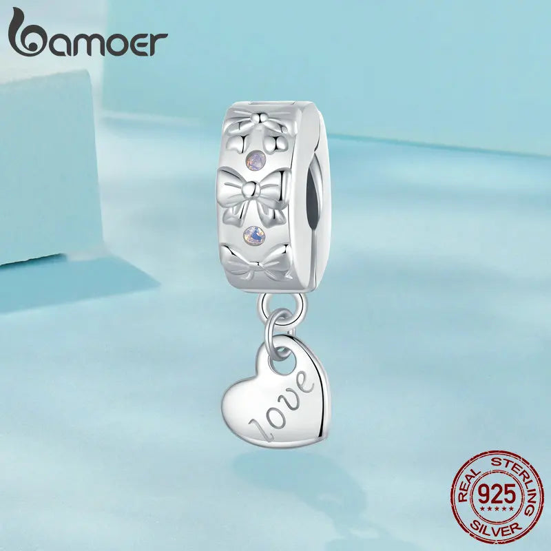 BAMOER Massiver 925 Sterling Silber Schleifenstopper Perlen fit Original Armbänder & Halsketten Schmuck DIY Bamoer Charm SCC2903