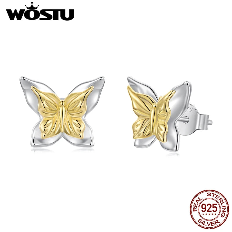 WOSTU Minimalist 925 Silver Butterfly Stud Earrings, Gold Plated Two-Tone Ear Studs Hypoallergenic Cute Gift for Women & Teens
