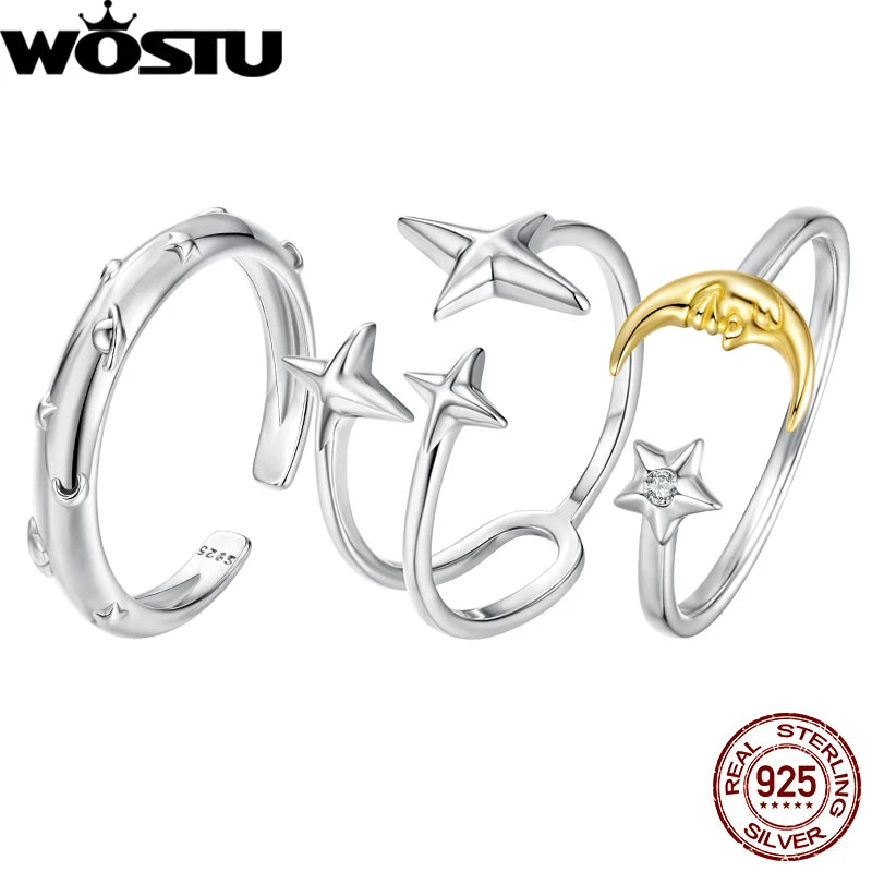 WOSTU 925 Sterling Silver Star Open Ring Moon Starlight Planet Original for Women Wife Anniversary Birthday Fine Jewelry Gift