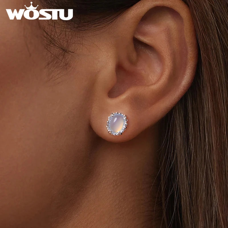 WOSTU 925 Sterling Silver Oval Cut Opalescent Stud Earrings For Women Rainbow Cyrstal Ear STuds Loverly Jewelry Gift CQE1911