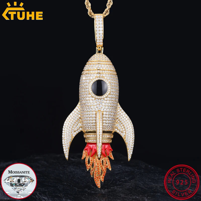 TUHE Unisex Custom Round Rocket Pendants Necklaces Ice Out Moissanite 925 silver Pendants For Men Hip Hop Jewelry Gift