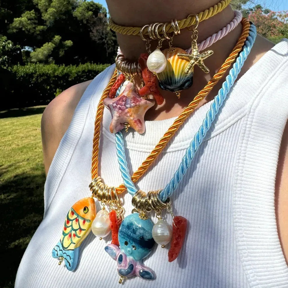 Handmade Chunky Rope Multicolour Ceramics Starfish Octopus Fish Pendant Neckalce Summer Beach Shell Y2K Collar Jewelry Stylish