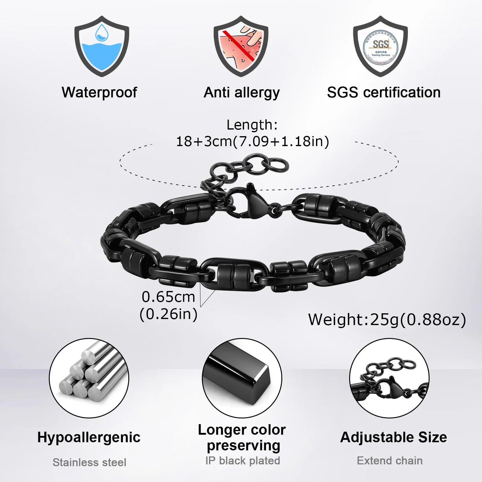 Vnox Black Round Byzantine Link Chain Bracelets, Stylish 2025 New Stainless Steel Wristband, Handmade Punk Rock Jewelry