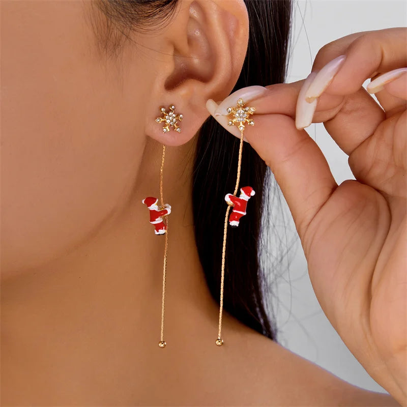 New Design Moving Santa Claus Tassel Dangle Earrings for Women Christmas Tree Snowflake Asymmetric Long Earring New Year Jewelry