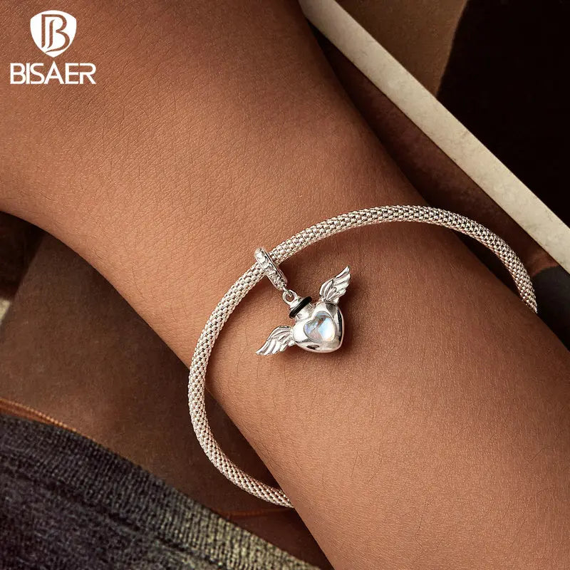 BISAER Pendentif en argent sterling 925 pour cendres d'animaux de compagnie, breloques en forme d'ailes de cœur, perles pour bracelet et collier à faire soi-même, bijoux fins