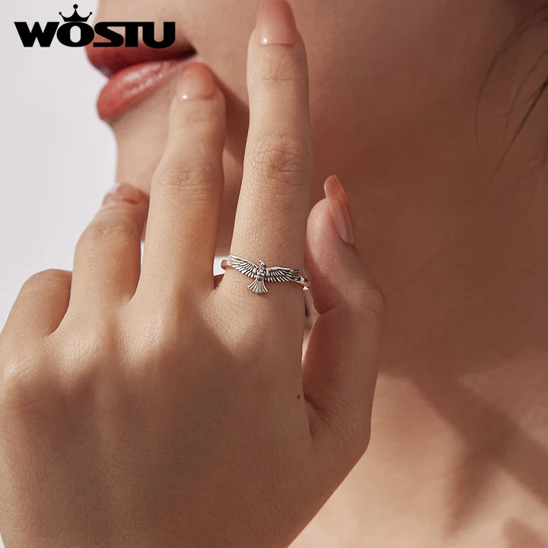WOSTU Vintage 925 Sterling Silver Eagle Open Ring, s925 Women's Gothic Punk Statement Adjustable Animal Rings Fine Jewelry Gift