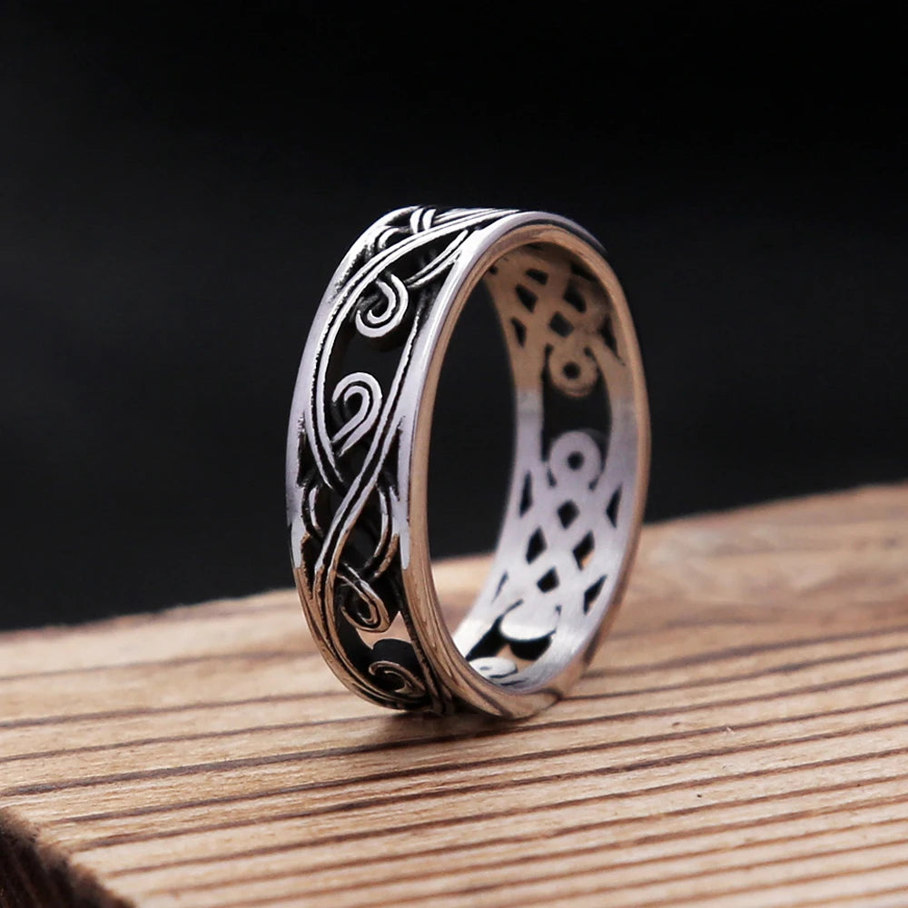 Simple 316L Stainless Steel Hollowed Rings For Men Women Vintage Fashion Tang Glass Pattern Ring Creative Party Couple Jewelry