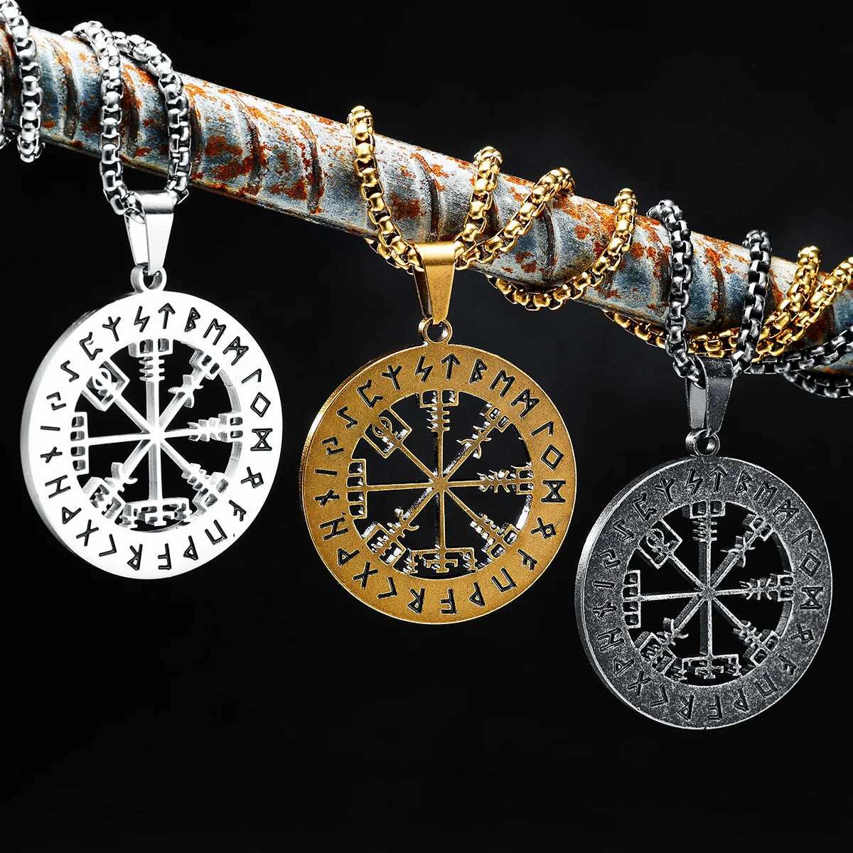 Viking Runes Compass Necklaces 316L Stainless Steel Men Hollow Pendants Chains Punk Rock Rap for Friend Male Jewelry Best Gift