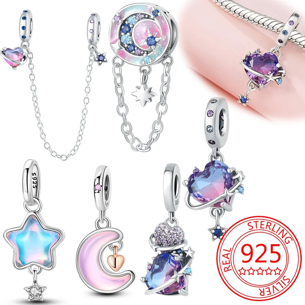 925 Sterling Silver Purple Heart Moon Planet Charm Pendant Beads Fit Charms Silver Original Bracelet for Women Jewelry