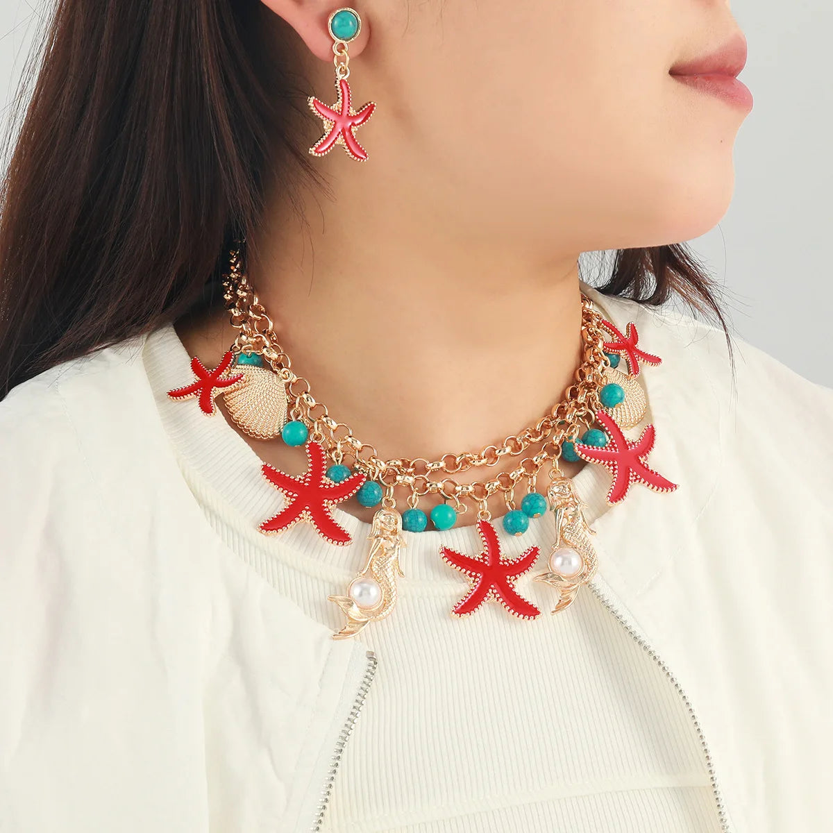 Summer Beach Starfish Conch Mixed Alloy Tassel Pearl Choker Necklace