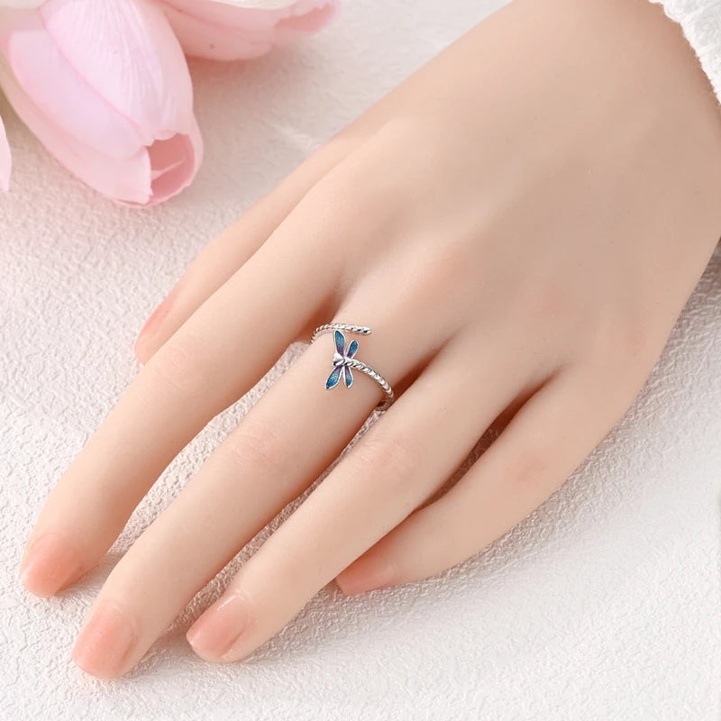 Rings For Women 100% 925 Sterling Silver Shiny Dragonfly Heart Shaped Hollow Open Rings Fine Wedding Engagement Jewelry Gift