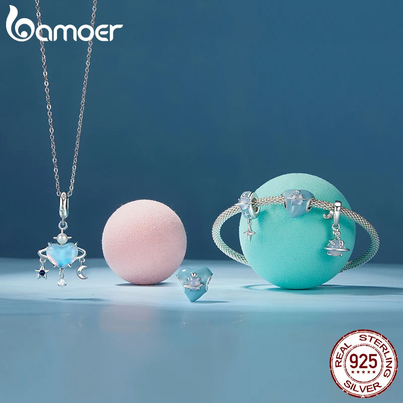 BAMOER Charm-Perle aus massivem 925er Sterlingsilber mit blauem Planetenmotiv, passend für Original-Armbänder und DIY-Schmuckzubehör, BAMOER Beads SCC3024