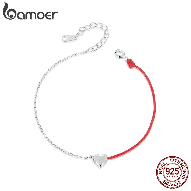 BAMOER 925 Sterling Silver Fashion Heart Bracelet, White Gold Plated Dainty Red Rope Link Chain Bracelet for Women Teen Girls