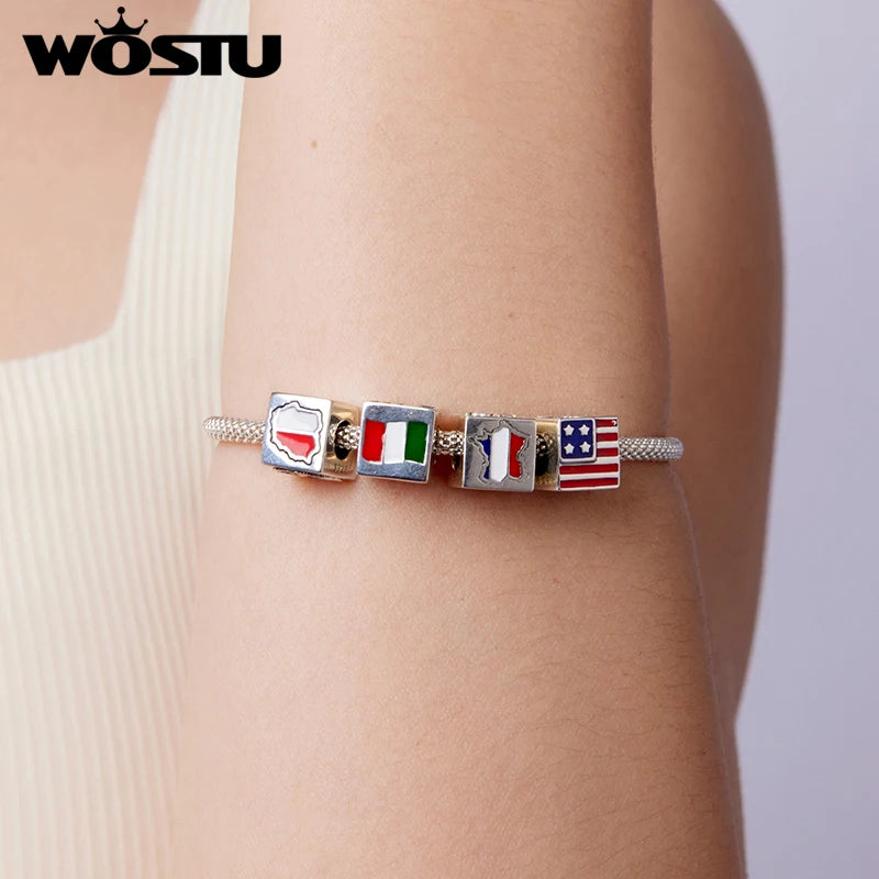 WOSTU 925 Sterling Silver Cube Flags Travel Country Charms For Women, S925 Original Bead DIY Jewelry For Women, Mom, Daughter