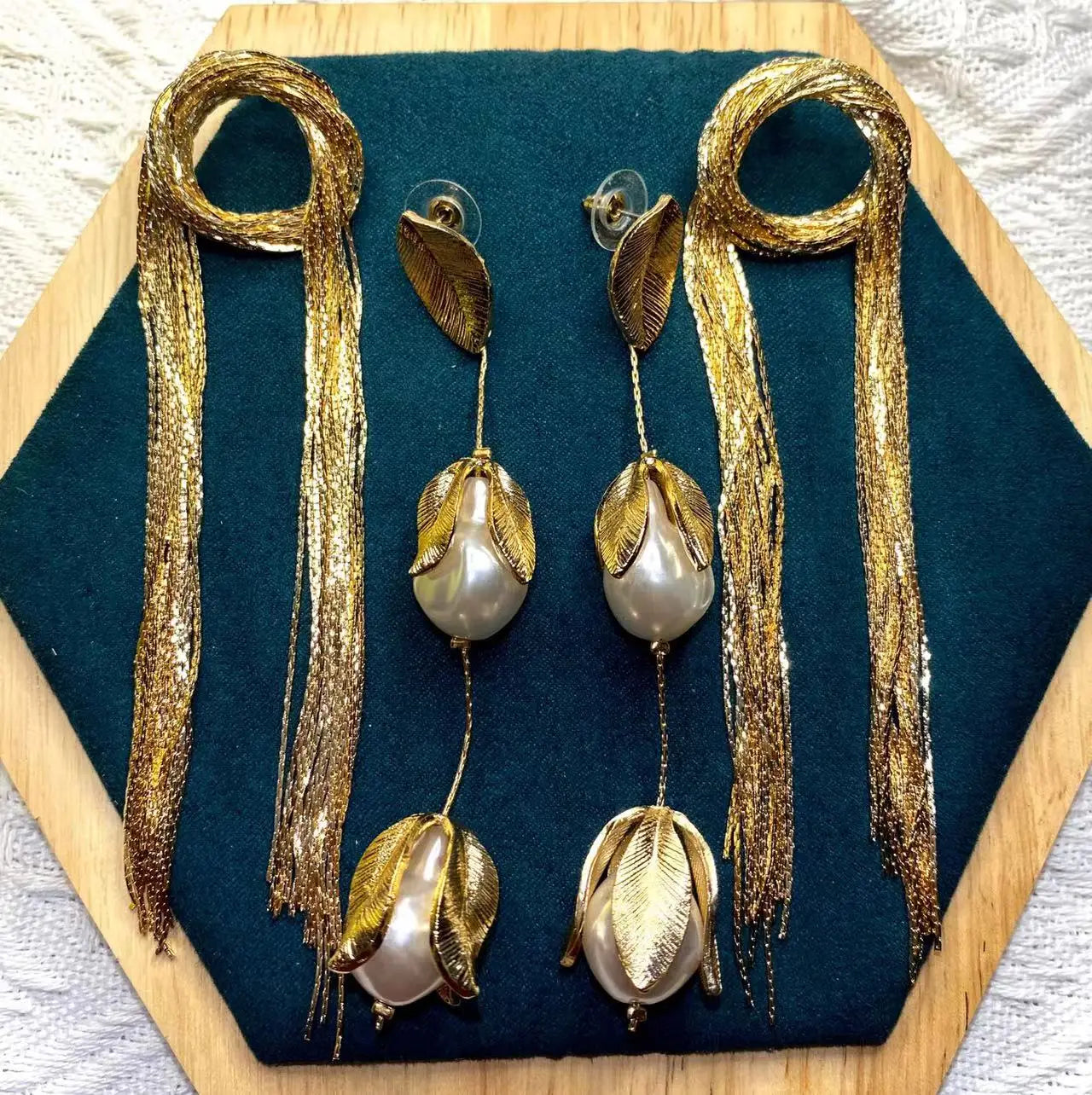 Zvoijio Temperament Long Pearl Flower Earrings Gold Color Leaf Tassel Earrings Wholesale