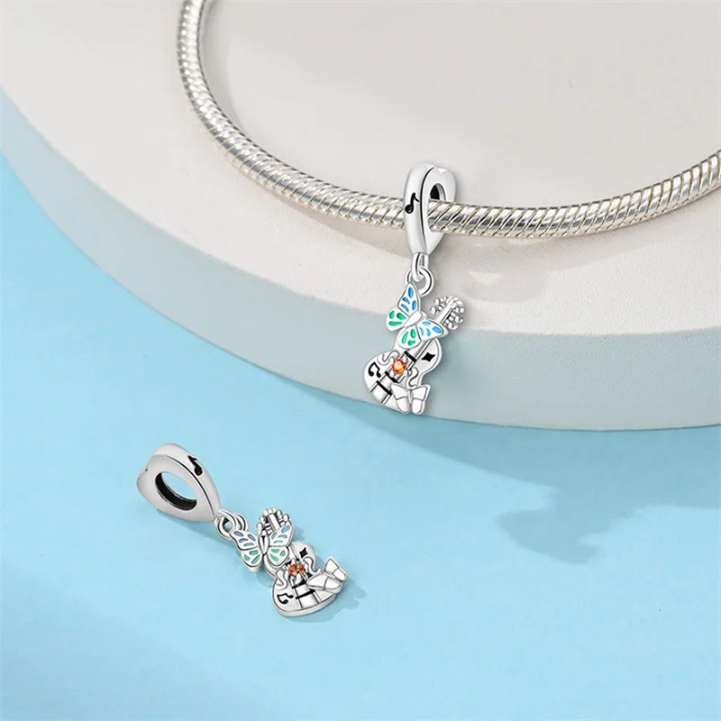 Romantic Music Charms Beads 925 Sterling Silver Piano Violin Red Guitar Punk Saxophone Pendants Fit Qikaola Bracelet DIY Jewelry