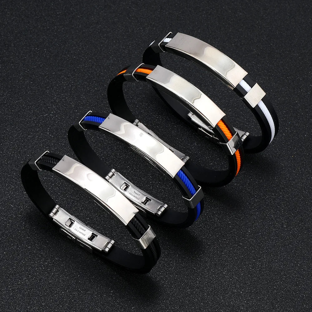 MKENDN Classic Style Men Silica Gel Bracelet Simple Stainless Steel Button Bracelet Accessories Handmade Jewelry Gifts