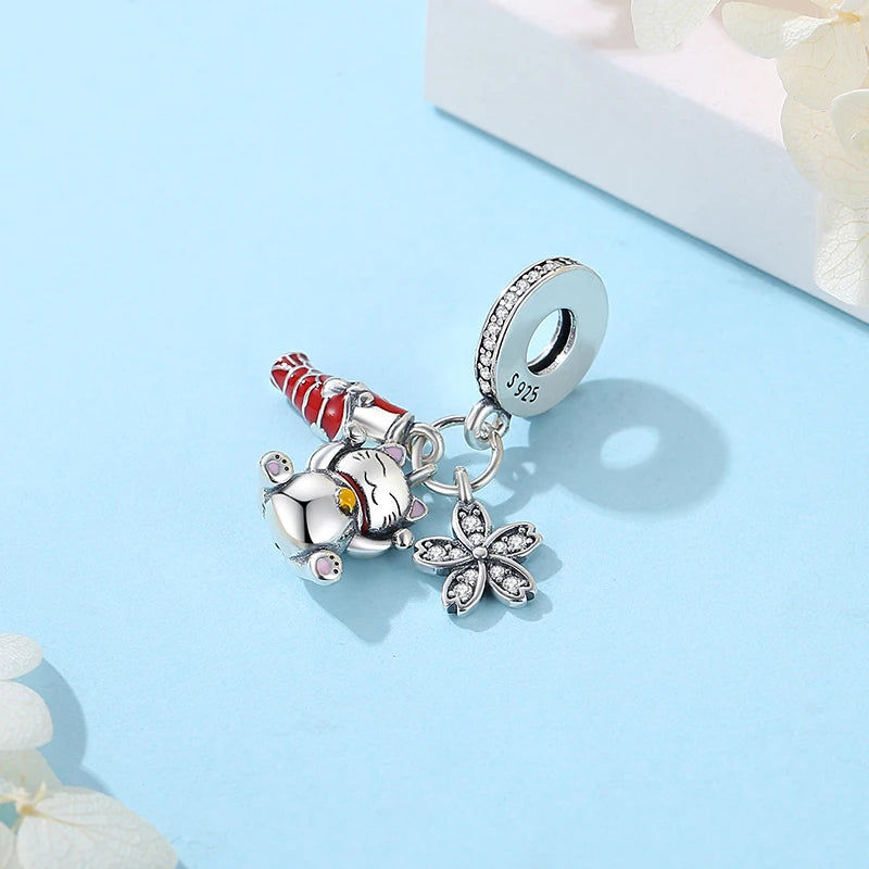 925 Sterling Silver Charms Beads Original Japanese Doll Fortune Cat Charm Fit Brand Bracelets Bangles DIY Jewelry For Women
